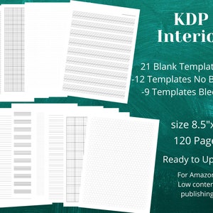 Op de afbeelding: Een set van 21 blanco sjablonen voor Kindle Direct Publishing (KDP) interieurboekontwerp. De sjablonen zijn 21,6 cm bij 27,9 cm en bevatten 12 sjablonen zonder bleed en 9 sjablonen met bleed. De sjablonen zijn klaar om te uploaden naar KDP voor low-content publishing.