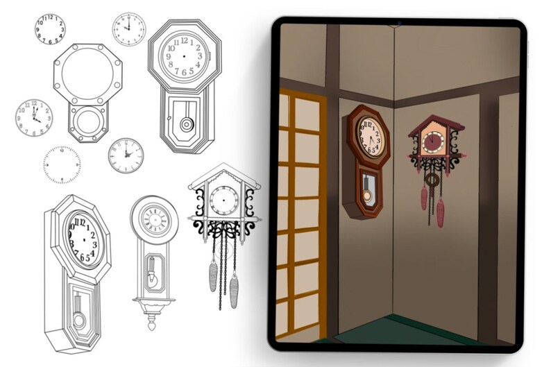 K&ouml;nnte beinhalten: Eine digitale Illustration verschiedener Uhrenmodelle. Die Illustration umfasst eine Kuckucksuhr, eine Pendeluhr und mehrere runde Uhren. Die Illustration ist vor einem wei&szlig;en Hintergrund platziert.