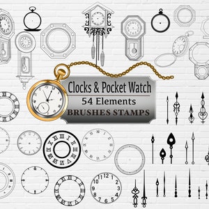 May include: A set of 54 black and white clock and pocket watch illustrations. The illustrations include clock faces, hands, and various clock designs. The text "Clocks & Pocket Watch 54 Elements Brushes Stamps" is included in the image.
