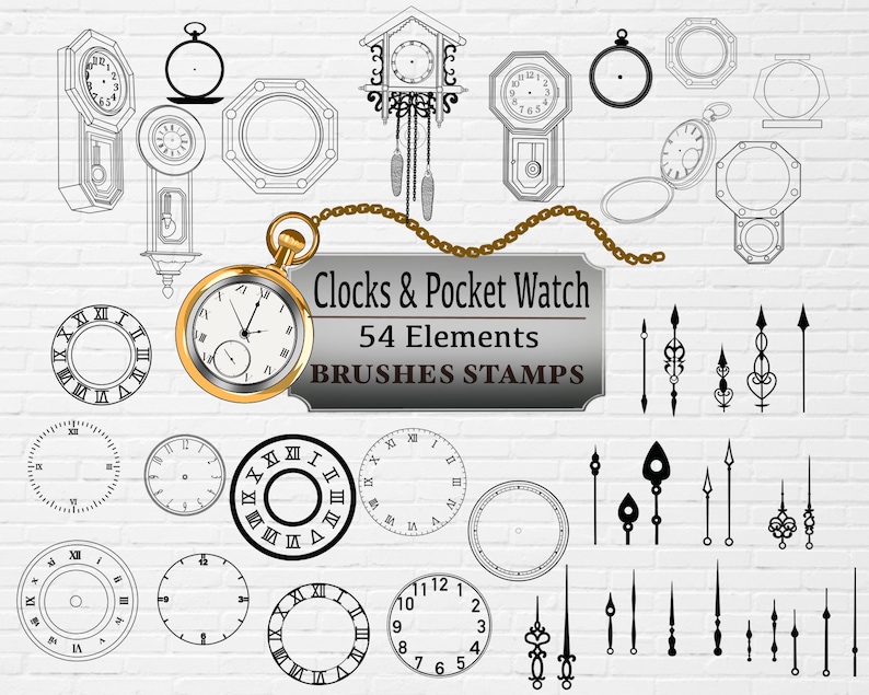 K&ouml;nnte beinhalten: Ein Satz von 54 Schwarzwei&szlig;-Illustrationen von Uhren und Taschenuhren. Die Illustrationen umfassen Zifferbl&auml;tter, Zeiger und verschiedene Uhrendesigns. Der Text "Clocks & Pocket Watch 54 Elements Brushes Stamps" ist im Bild enthalten.