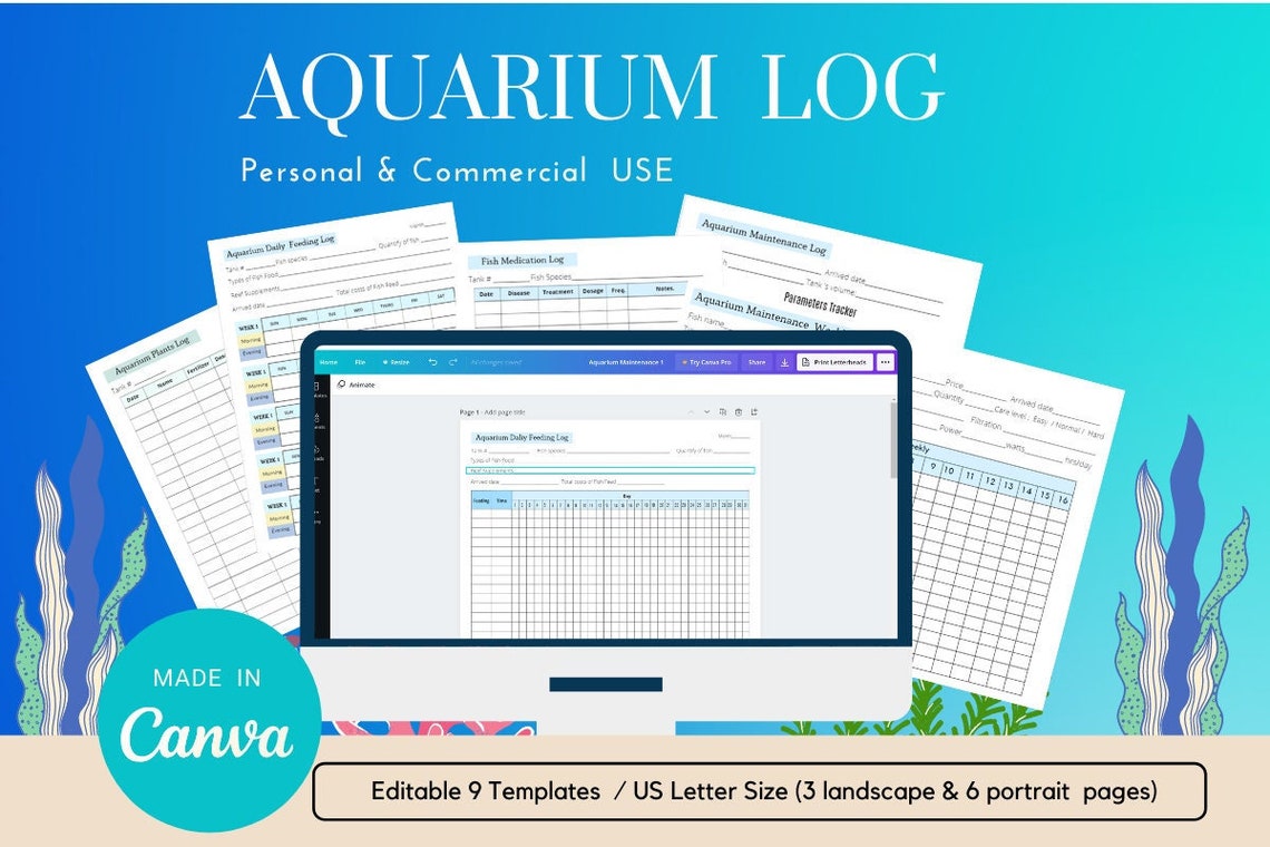Canva,editable, Aquarium Maintenance Log Templates Aquarium Care