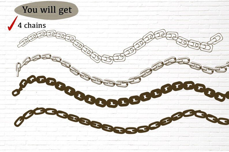 K&ouml;nnte beinhalten: Vier Ketten in verschiedenen Stilen und Farben. Die Ketten sind in einer wellenf&ouml;rmigen Anordnung auf einem wei&szlig;en Ziegelhintergrund angeordnet. Der Text "You will get 4 chains" ist in der oberen linken Ecke des Bildes sichtbar.