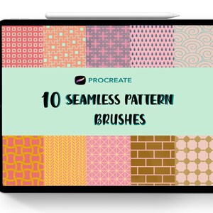 以下が含まれることがあります： Procreate 用のシームレスパターンブラシ 10 個がデジタルタブレットの画面に表示されています。パターンは、幾何学模様、花柄、抽象的なものなど、さまざまな色とスタイルで構成されています。