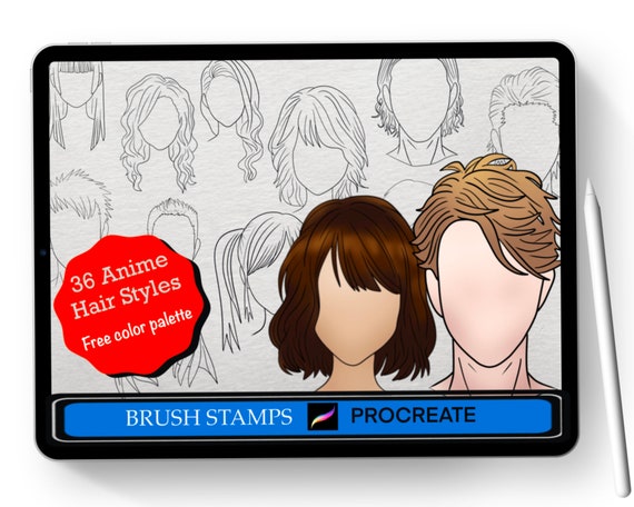 Procreate Manga Hairstyles Stamps. Anime Girl Hairstyle Stamp