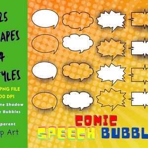 Könnte beinhalten: Ein Satz von 25 Comic-Sprechblasen in 4 verschiedenen Stilen. Die Blasen sind weiß mit schwarzen Umrissen und liegen auf einem gelben und orangefarbenen Hintergrund mit einem Halbtonmuster. Der Text "COMIC SPEECH BUBBLE" befindet sich am unteren Rand des Bildes.