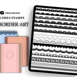 May include: A digital tablet screen displaying 15 black and white border art designs for Procreate brushes and stamps. The designs include lace, hearts, and geometric patterns. The text "Procreate Brushes Stamps 15 Border Art" is displayed at the top of the screen.