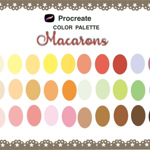May include: Procreate colour palette called "Macarons" with 24 colour swatches in shades of white, yellow, orange, red, pink, brown, green, and blue.