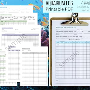 Könnte beinhalten: Druckbarer Aquarien-Logbuch mit 7 Seiten, 3 Farben und 1 Schwarzweiß. Das Logbuch enthält Abschnitte für die Aquarienpflege, die Fischfütterung und die Wasserparameter.