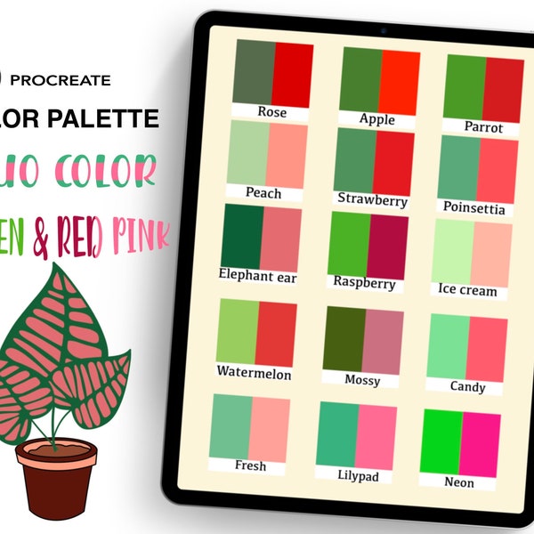 Procreate palette,Two tone color ,Duo Green & Red Pink,Matching color,combine colors,Duo tone 30 colors