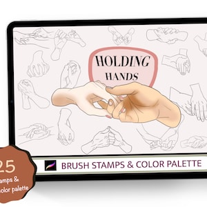 Puede incluir: Una ilustración digital de 25 poses de manos diferentes que muestran a personas tomándose de la mano. El título "HOLDING HANDS" está escrito en un círculo rosa. El texto "BRUSH STAMPS & COLOR PALETTE" está escrito debajo de la imagen. Un círculo marrón con el texto "25 stamps & 30 color palette" está en la esquina inferior izquierda.