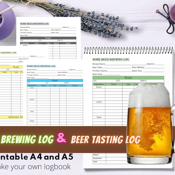 Beer Brewing Journal-Craft Beer Recipes Log and Review Beer Tasting Sheet ,Personalized Recipes Logbook-Printable A4 & A5