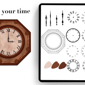 K&ouml;nnte beinhalten: Eine digitale Illustration eines Zifferblatts mit r&ouml;mischen Ziffern und Zeigern. Die Uhr ist von einem braunen achteckigen Rahmen umgeben. Das Bild zeigt auch ein digitales Tablet mit verschiedenen Zifferbl&auml;ttern, Zeigern und Farbmustern.