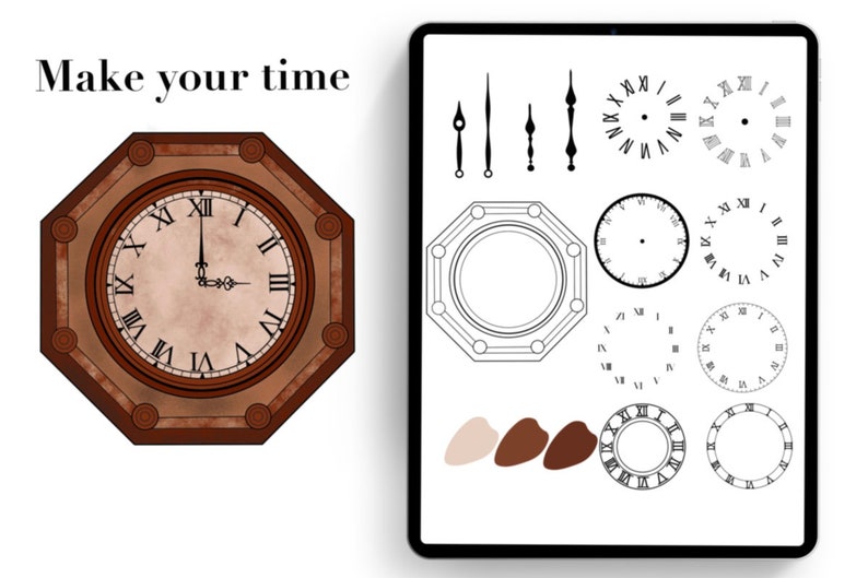K&ouml;nnte beinhalten: Eine digitale Illustration eines Zifferblatts mit r&ouml;mischen Ziffern und Zeigern. Die Uhr ist von einem braunen achteckigen Rahmen umgeben. Das Bild zeigt auch ein digitales Tablet mit verschiedenen Zifferbl&auml;ttern, Zeigern und Farbmustern.