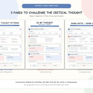 May include: A three-page printable workbook titled Rethink a Harsh Inner Voice, featuring sections for Negative Thought Patterns, Is My Thought Actually True, and Inner Critic to Inner Coach. Each page includes structured prompts, checkboxes, and text fields for cognitive behavioral exercises.