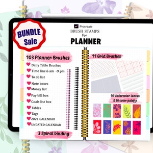 Planner Stamps Procreate,Bundle Sale,103 Planner Brushes,11 Grid Stamps,Leaves,Spiral Binding,iPad planner,Procreate tools,Digital Planner