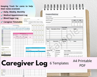 May include: A set of six printable caregiver log templates in PDF format. The templates include sections for daily, weekly, and monthly caregiving tasks, as well as logs for medical appointments, blood sugar levels, and caregiver timetables. The templates are designed to help caregivers keep track of their notes and stay organized.