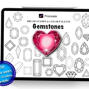 Könnte beinhalten: Digitale Illustration auf einem Tablet mit verschiedenen Edelstein-Designs, darunter Diamanten, Smaragdschliffe und Herzformen. Der Text lautet "Gemstones" und "Brush Stamps & Color Palette". Ein blaues Abzeichen zeigt 30 Pinselstempel und eine 30-Farben-Palette an.