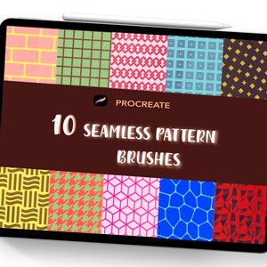 May include: A digital tablet screen displaying 10 seamless pattern brushes for Procreate. The patterns include brick, grid, zig-zag, squares, stars, waves, houndstooth, hexagons, circles, and triangles. The patterns are in various colors, including red, blue, green, yellow, and brown.