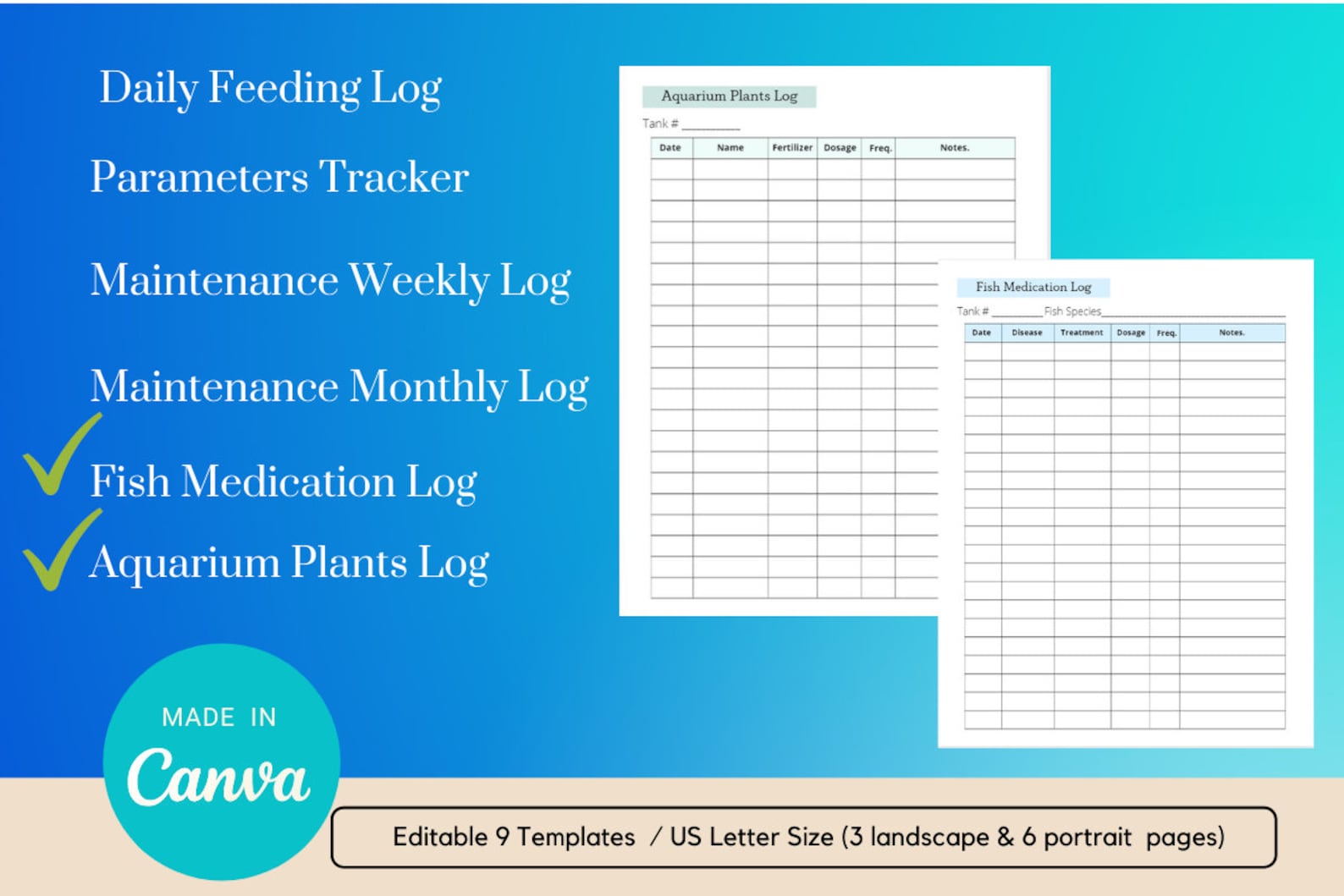 Canva,editable, Aquarium Maintenance Log Templates Aquarium Care