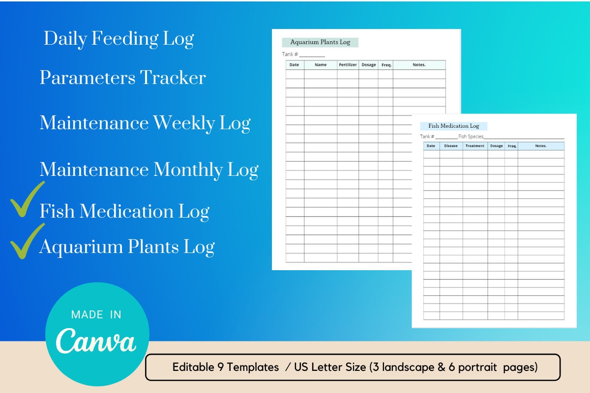 Canva,editable, Aquarium Maintenance Log Templates Aquarium Care