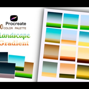 Puede incluir: Paleta de colores de arte digital para Procreate, con 60 gradientes de paisaje. La imagen muestra una cuadrícula de muestras de color con gradientes de azul, verde, marrón y amarillo. El texto incluye "Procreate", "60 Color Palette", "Landscape Gradient".