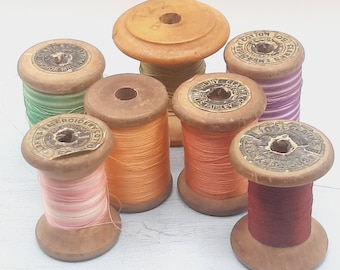 7x Vintage Wooden Cotton Reels... Nice Old Wood... Bright Threads... Vintage Wooden Reels... Patina Labels etc.