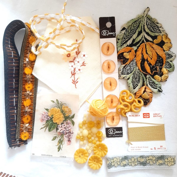 Vintage Slow Stitch Bundle...  Sewing Embroidery... Repurposed & Vintage... Inspiration Treasure Box... Sunshine Yellow Floral... Letterbox