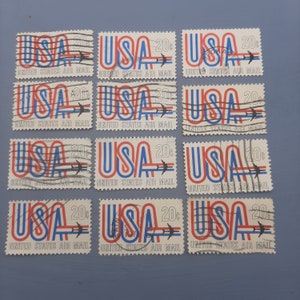 12x 1968 USA Airmail Stamps... 20c Jets... Paper Ephemera... Junk Journal... Travel Collage... Red White Blue... Original Franked Used