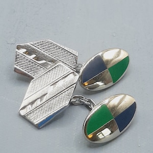 Repurposed Vintage Double Cufflinks... Art Deco Harlequin Set... Green Black Enamel... Remade Repurposed... Chrome Links