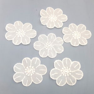 6x Nottingham Lace Flowers... Bright White... Sew-on Applique
