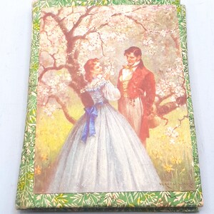 1930 年代頃のアールデコ調の針と糸のケース... クリノリン レディ... リージェンシー スタイル... カードに貼られた明るい紙... 古いダーニング スレッド