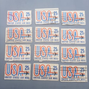 12x 1972 USA Airmail Stamps... 21c Jets... Paper Ephemera... Junk Journal... Travel Collage... Red White Blue... Original Franked Used