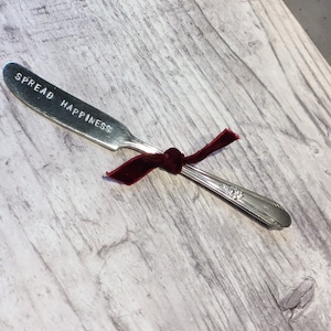 Vintage silver plate spreader hand stamped  *SPREAD HAPPINESS* Butter jam cheese board knife hostess gift party CHARCUTERIE