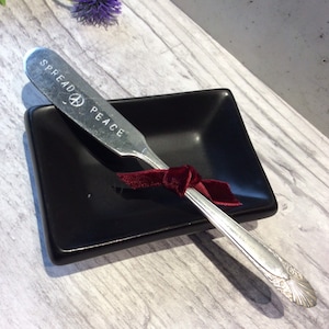 Vintage silver plate spreader hand stamped  *Spread Peace* Butter jam cheese board knife hostess gift party