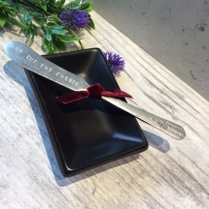 Vintage silver plate spreader hand stamped WHO CUT The CHEESE Butter jam cheese board knife hostess gift party