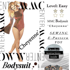 Bodysuit Sewing Pattern Instant Download PDF with Detailed Illustrations and Notes by EnterMMC for size SMALL (6) w/ Flared Long Sleeves