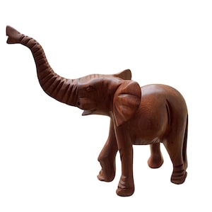 African Elephant Wood Sculpture; Medium-Size, Modern Wood Statue of Elephant with Tribal Carvings and Elongated Trunk