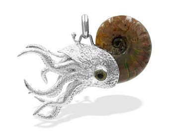 Opalized fossil Ammonite 925 Sterling Silver Starborn Pendant