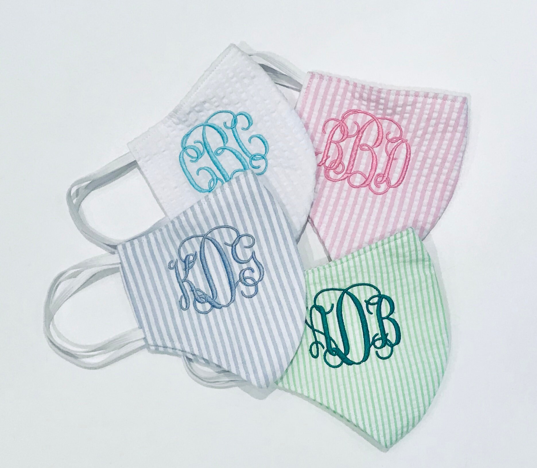 Monogrammed-Embroidered Face Mask Seersucker Preppy Southern 3-Layer …