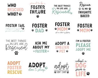 Puede incluir: Una colección de 12 diseños gráficos coloridos con huellas de patas y texto sobre el cuidado y la adopción de perros. El texto incluye frases como "Foster Fail", "Adopta un animal de refugio" y "Adopta un perro, salva una vida".