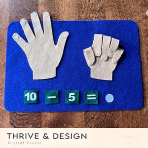 Op de afbeelding: Een educatieve wiskundeset van vilt met een blauwe achtergrond. De set bevat twee vilten handvormen, getallen en wiskundige symbolen. De getallen zijn 10 en 5. De wiskundige symbolen zijn min en is gelijk aan. De tekst "THRIVE & DESIGN" staat onderaan.