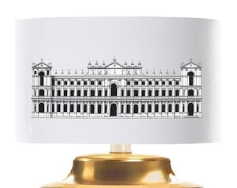 Graphic textile lampshade with an image of architecture. Gold finish. Classic, modern.