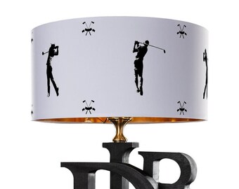 Designer lampshade with a golf motif, painted lampshade, black and white, fabric lampshade, l' abat-jour, ombre, Lampenschirm, gold interior