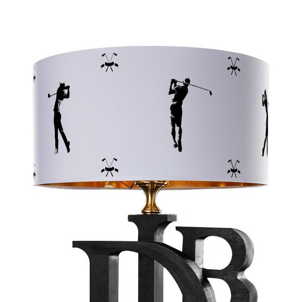 Designer lampshade with a golf motif, painted lampshade, black and white, fabric lampshade, l' abat-jour, ombre, Lampenschirm, gold interior