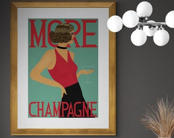 Póster Art Déco de champán vintage: Impresión de una dama con estilo