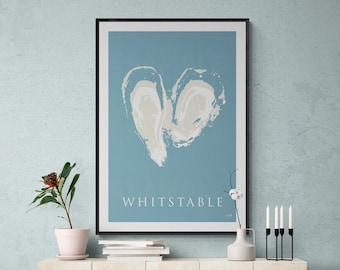 Whitstable Bay Travel Print, Poster | Blue Print of Oysters famous from Whitstable, Kent, Garden of England Kent, Wall Art, Poster, Gift.