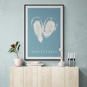 Whitstable Bay Travel Print, Poster | Blue Print of Oysters famous from Whitstable, Kent, Garden of England Kent, Wall Art, Poster, Gift.