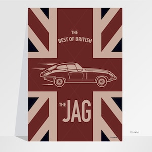 Vintage oldtimerprint, Jaguar-poster, Britse vlag, E-type, Jag Print, Poster, kunst aan de muur, Jaguar Club, Union Jack-vlag, Vintage Jag Print