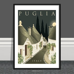Noche en Alberobello, Impresión de viajes, Cartel de turismo, Italia, Bari, Puglia, Alberobello, Casas Trulli, Impresión de viajes italianos, Trullo, Recuerdo