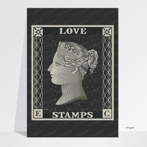 Póster impreso con sello Penny Black Franqueo Penny Black y la palabra One Penny reemplazada con LOVE STAMPS Impresión de arte de pared Regalo para un coleccionista de sellos.